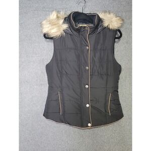 Womens Puffer Vest Black Faux Fur Hood Quilted Snap‎ Front Cozy Casual Outerwear